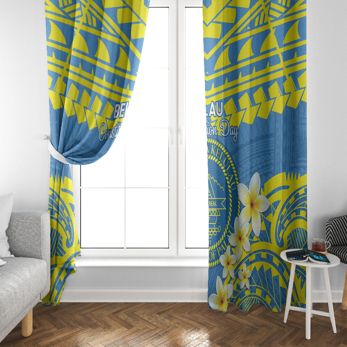 Palau Constitution Day Window Curtain Belau Seal With Frangipani Polynesian Pattern - Blue