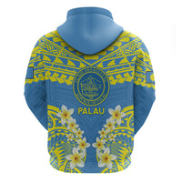 Palau Constitution Day Zip Hoodie Belau Seal With Frangipani Polynesian Pattern - Blue