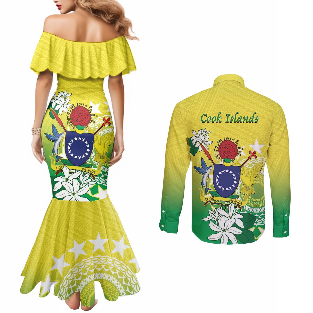 Cook Islands Independence Day Couples Matching Mermaid Dress and Long Sleeve Button Shirt Kuki Airani Tiare Maori Polynesian Pattern - Green LT14 - Polynesian Pride
