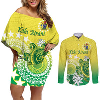Cook Islands Independence Day Couples Matching Off Shoulder Short Dress and Long Sleeve Button Shirt Kuki Airani Tiare Maori Polynesian Pattern - Green LT14 Green - Polynesian Pride