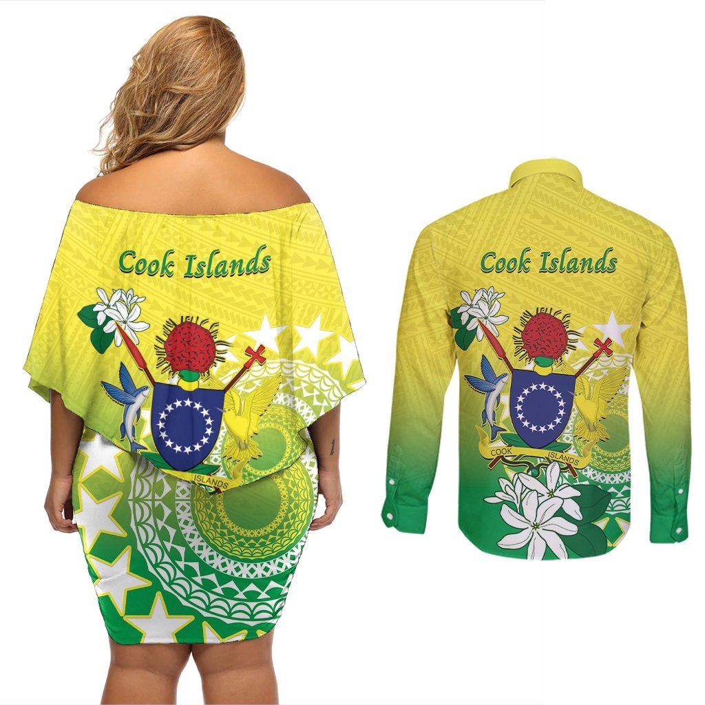 Cook Islands Independence Day Couples Matching Off Shoulder Short Dress and Long Sleeve Button Shirt Kuki Airani Tiare Maori Polynesian Pattern - Green LT14 - Polynesian Pride