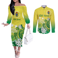 Cook Islands Independence Day Couples Matching Off The Shoulder Long Sleeve Dress and Long Sleeve Button Shirt Kuki Airani Tiare Maori Polynesian Pattern - Green LT14 Green - Polynesian Pride