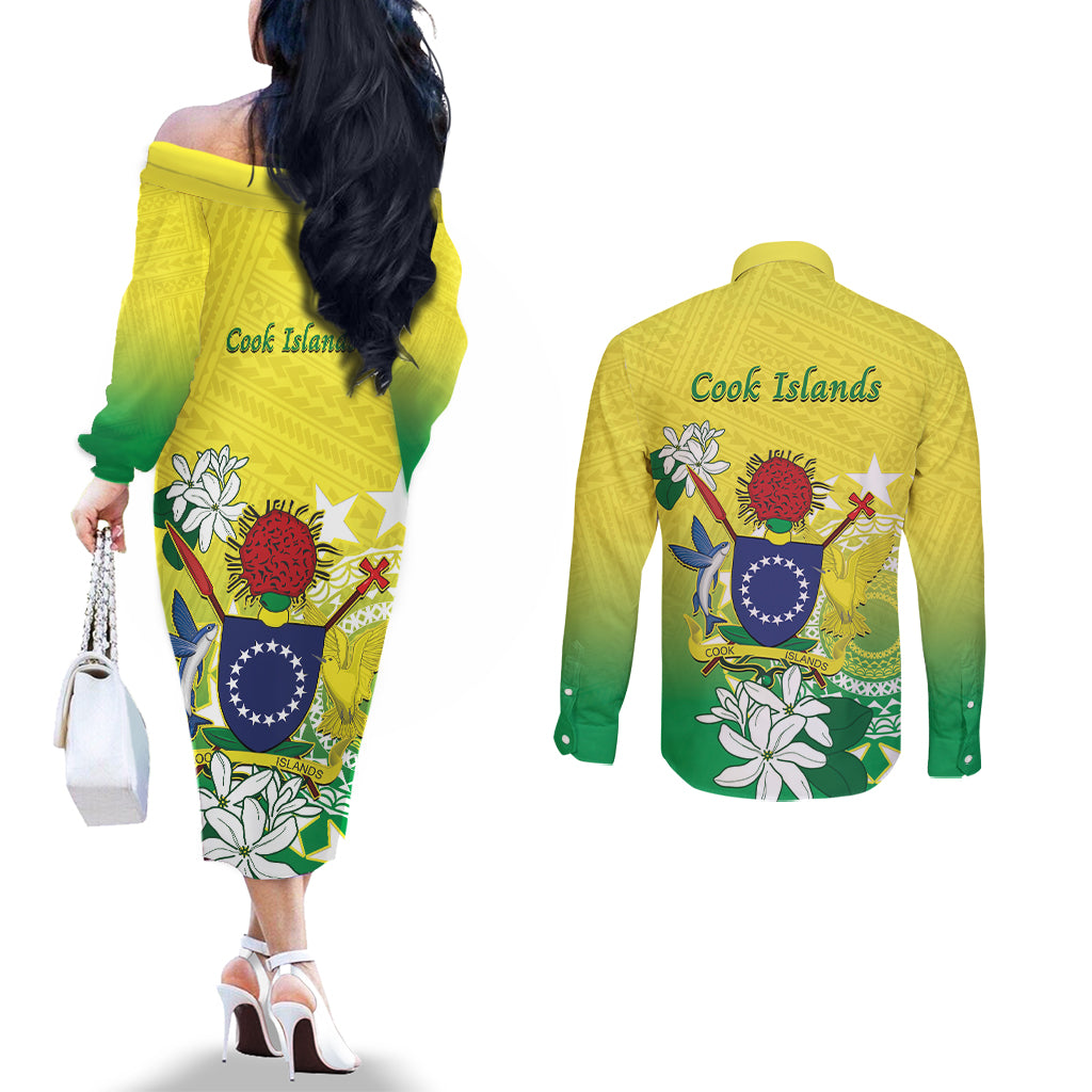 Cook Islands Independence Day Couples Matching Off The Shoulder Long Sleeve Dress and Long Sleeve Button Shirt Kuki Airani Tiare Maori Polynesian Pattern - Green LT14 - Polynesian Pride