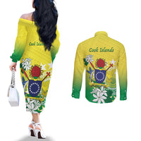 Cook Islands Independence Day Couples Matching Off The Shoulder Long Sleeve Dress and Long Sleeve Button Shirt Kuki Airani Tiare Maori Polynesian Pattern - Green LT14 - Polynesian Pride