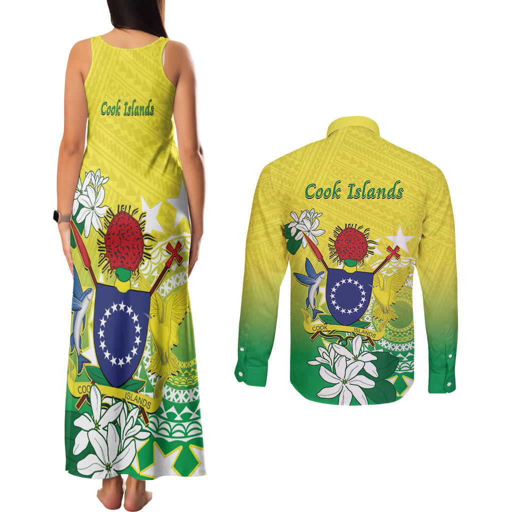 Cook Islands Independence Day Couples Matching Tank Maxi Dress and Long Sleeve Button Shirt Kuki Airani Tiare Maori Polynesian Pattern - Green LT14 - Polynesian Pride