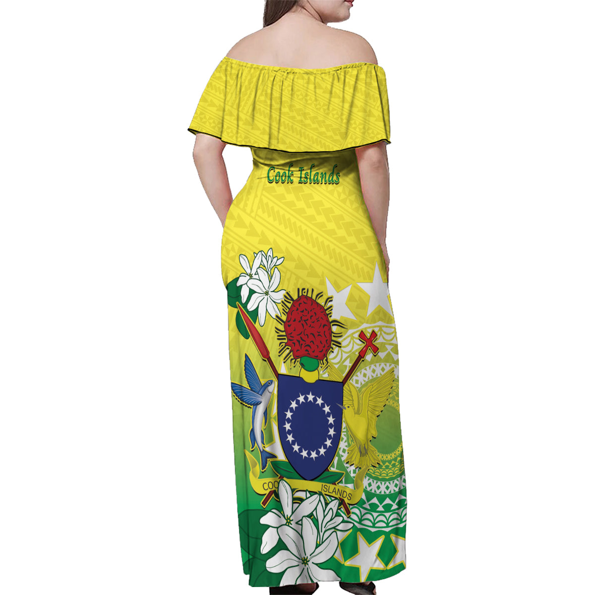 Cook Islands Independence Day Family Matching Off Shoulder Maxi Dress and Hawaiian Shirt Kuki Airani Tiare Maori Polynesian Pattern - Green