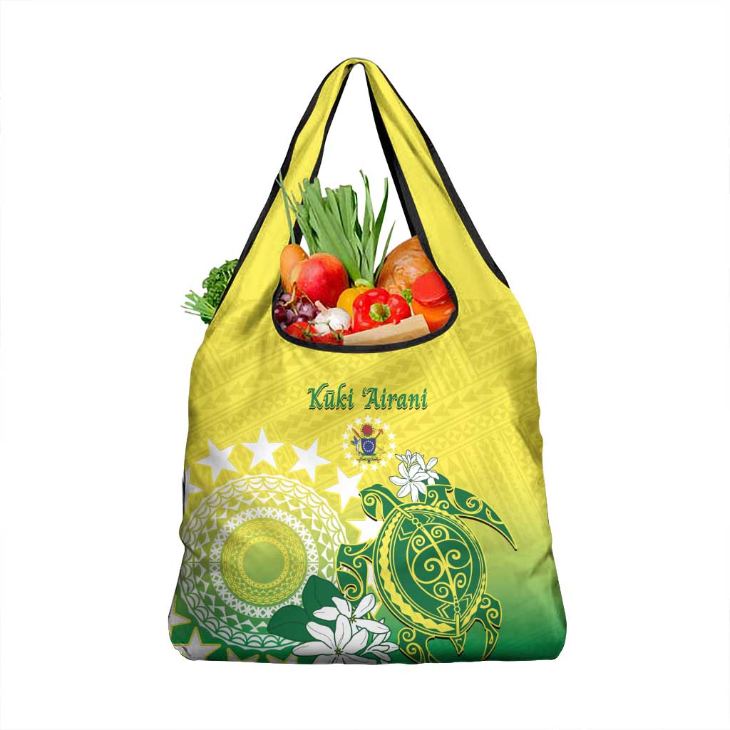 Cook Islands Independence Day Grocery Bag Kuki Airani Tiare Maori Polynesian Pattern - Green