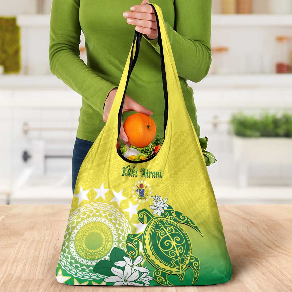 Cook Islands Independence Day Grocery Bag Kuki Airani Tiare Maori Polynesian Pattern - Green