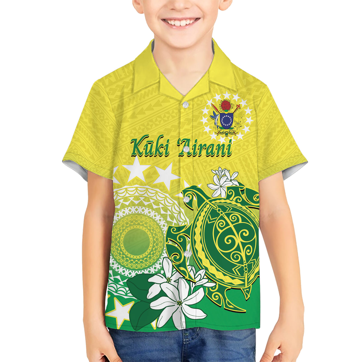 Cook Islands Independence Day Kid Hawaiian Shirt Kuki Airani Tiare Maori Polynesian Pattern - Green LT14 Kid Green - Polynesian Pride