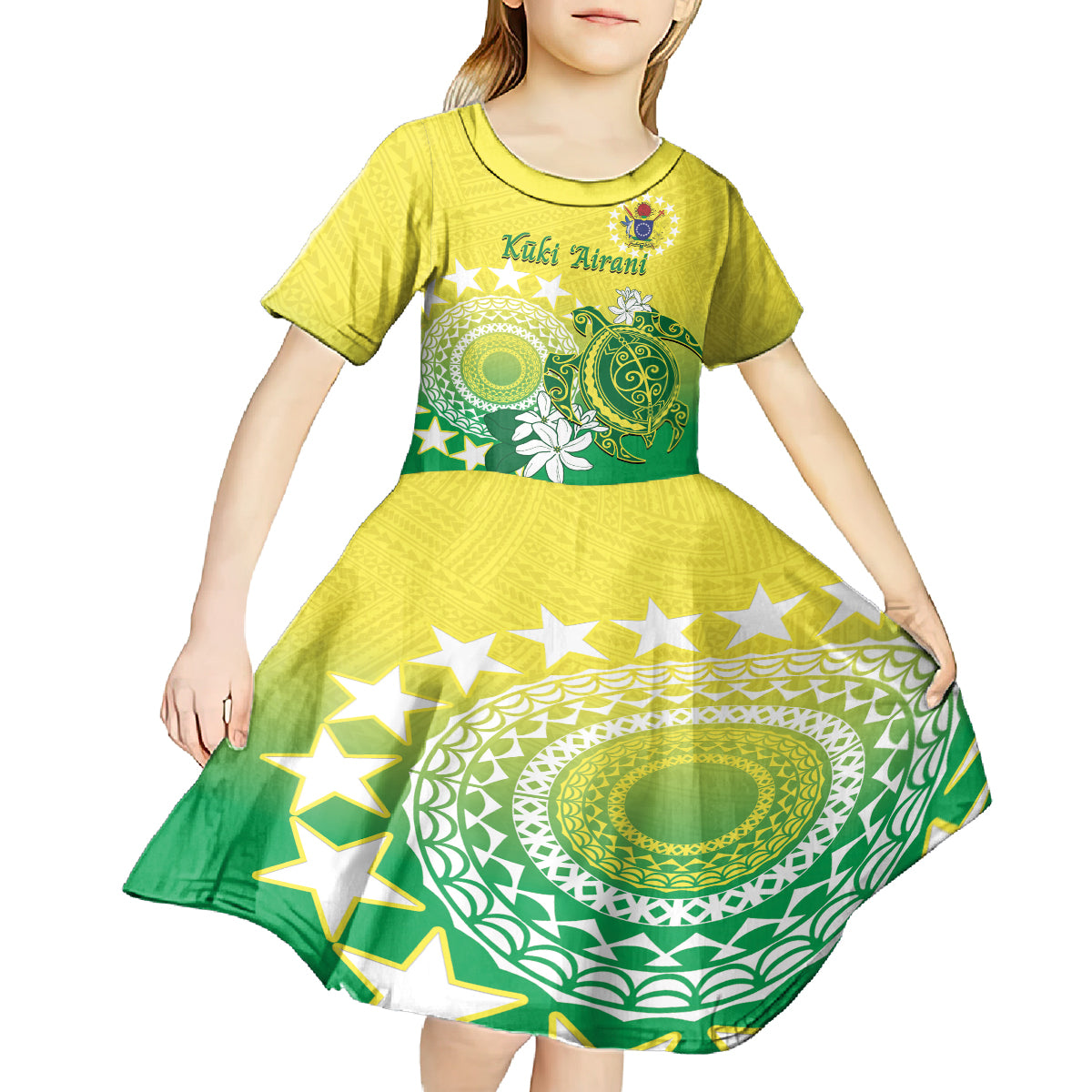 Cook Islands Independence Day Kid Short Sleeve Dress Kuki Airani Tiare Maori Polynesian Pattern - Green LT14 - Polynesian Pride