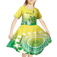 Cook Islands Independence Day Kid Short Sleeve Dress Kuki Airani Tiare Maori Polynesian Pattern - Green LT14 - Polynesian Pride