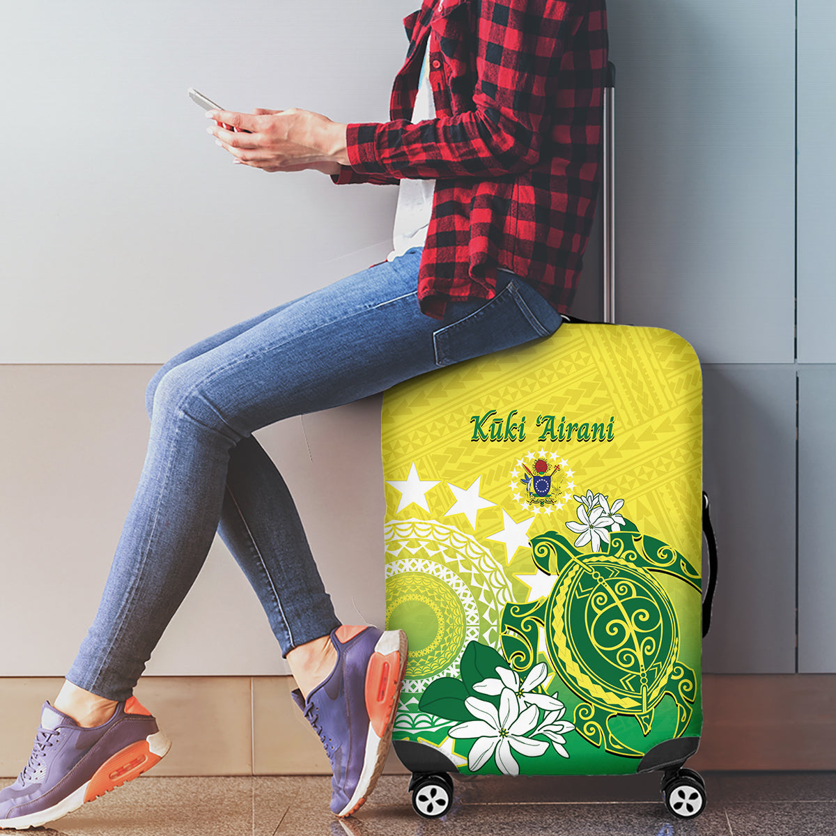 Cook Islands Independence Day Luggage Cover Kuki Airani Tiare Maori Polynesian Pattern - Green LT14 - Polynesian Pride