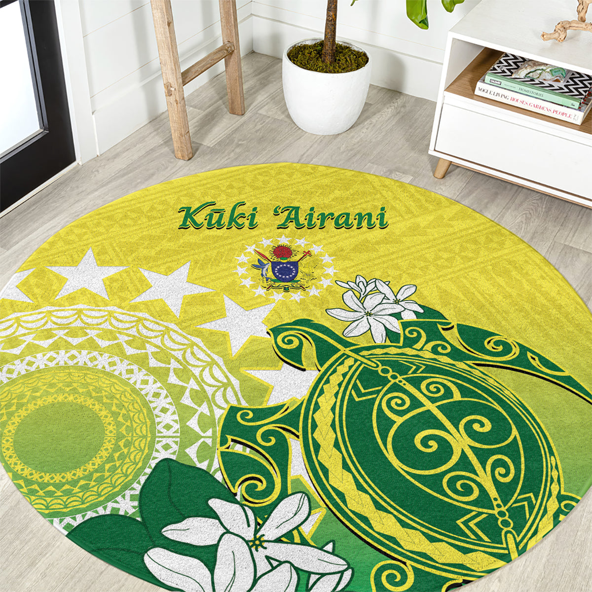 Cook Islands Independence Day Round Carpet Kuki Airani Tiare Maori Polynesian Pattern - Green LT14 Green - Polynesian Pride
