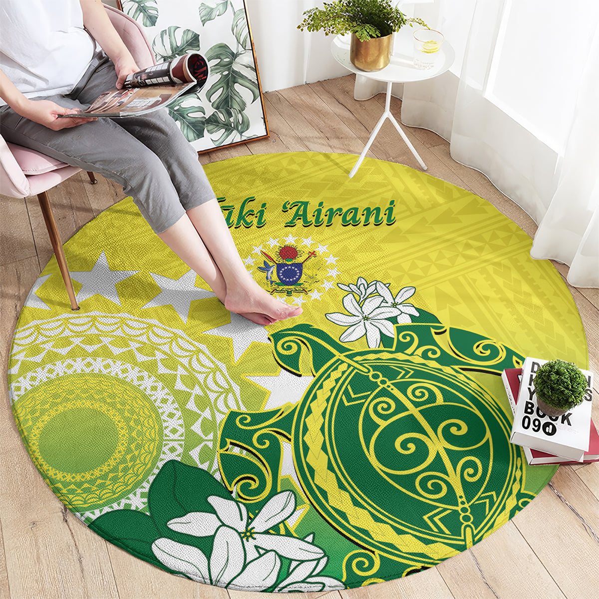 Cook Islands Independence Day Round Carpet Kuki Airani Tiare Maori Polynesian Pattern - Green LT14 - Polynesian Pride