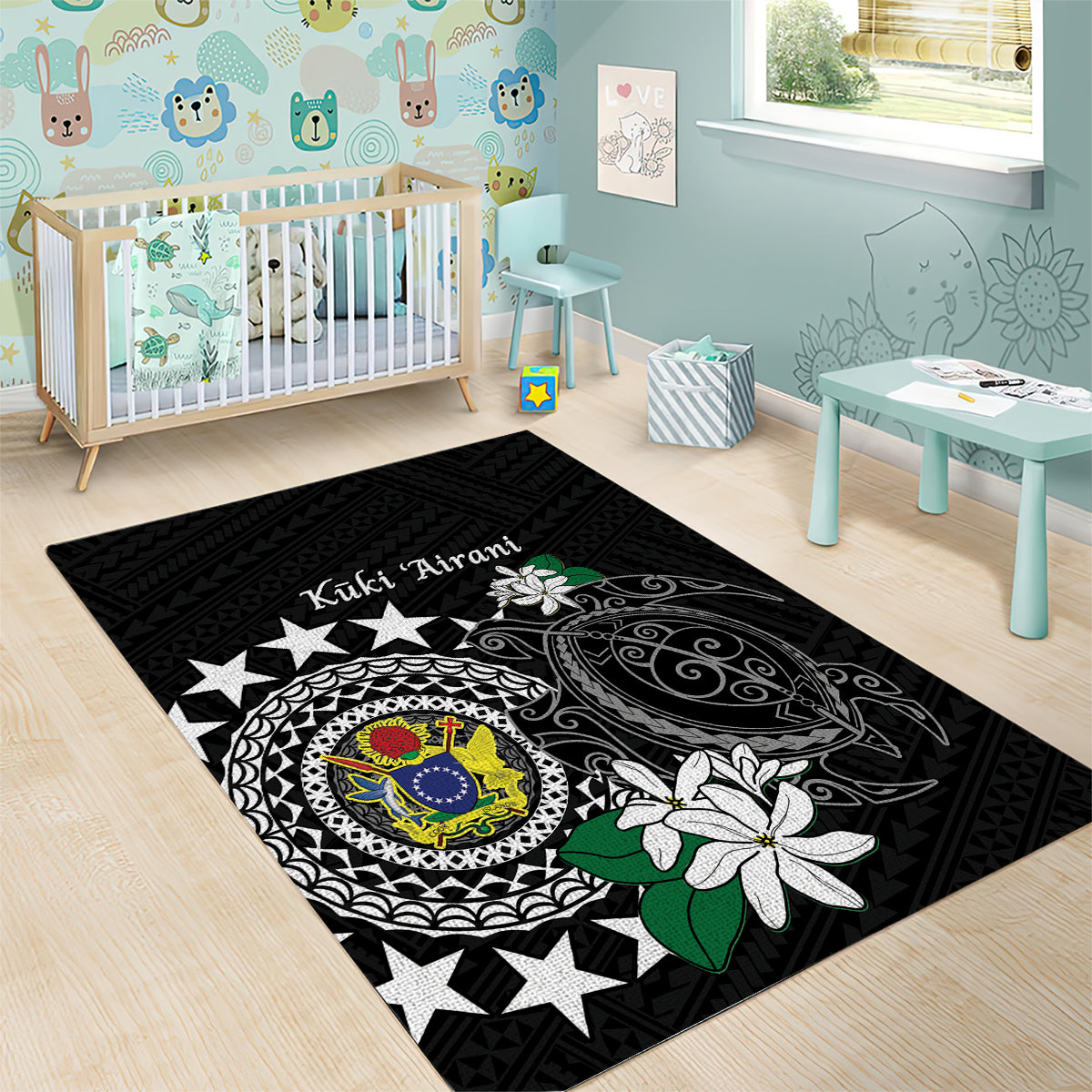 Cook Islands Independence Day Area Rug Kuki Airani Tiare Maori Polynesian Pattern - Black