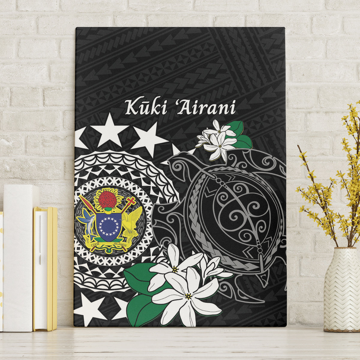 Cook Islands Independence Day Canvas Wall Art Kuki Airani Tiare Maori Polynesian Pattern - Black