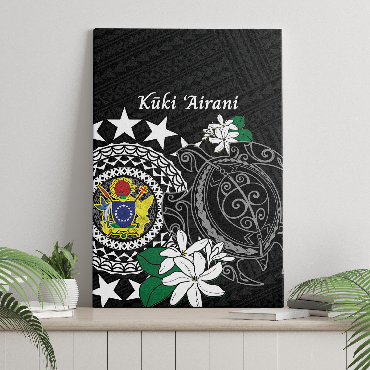 Cook Islands Independence Day Canvas Wall Art Kuki Airani Tiare Maori Polynesian Pattern - Black