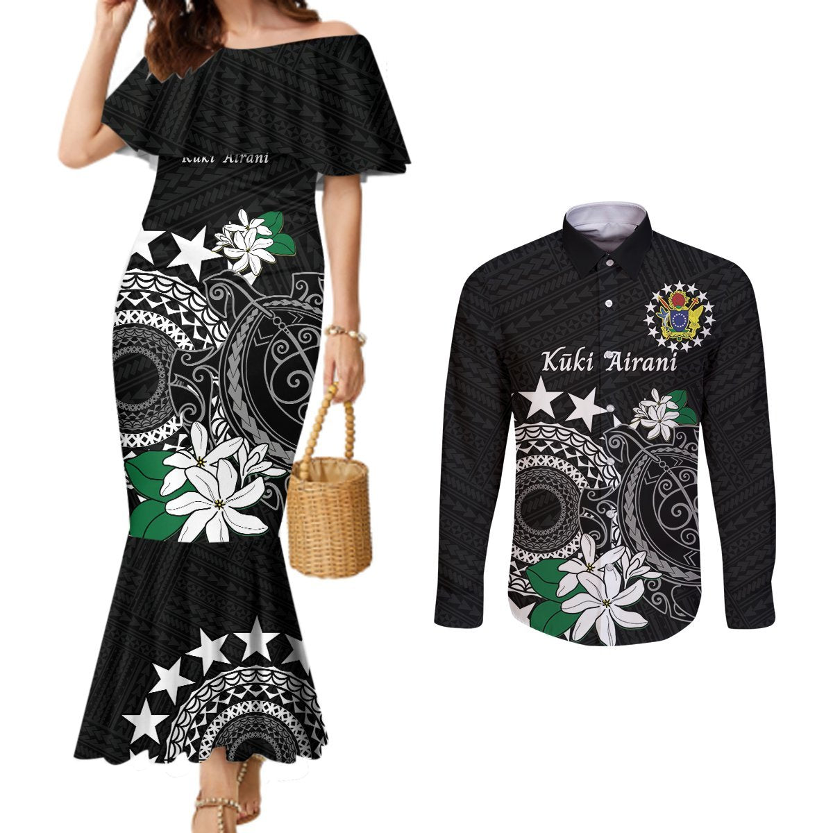 Cook Islands Independence Day Couples Matching Mermaid Dress and Long Sleeve Button Shirt Kuki Airani Tiare Maori Polynesian Pattern - Black LT14 Black - Polynesian Pride