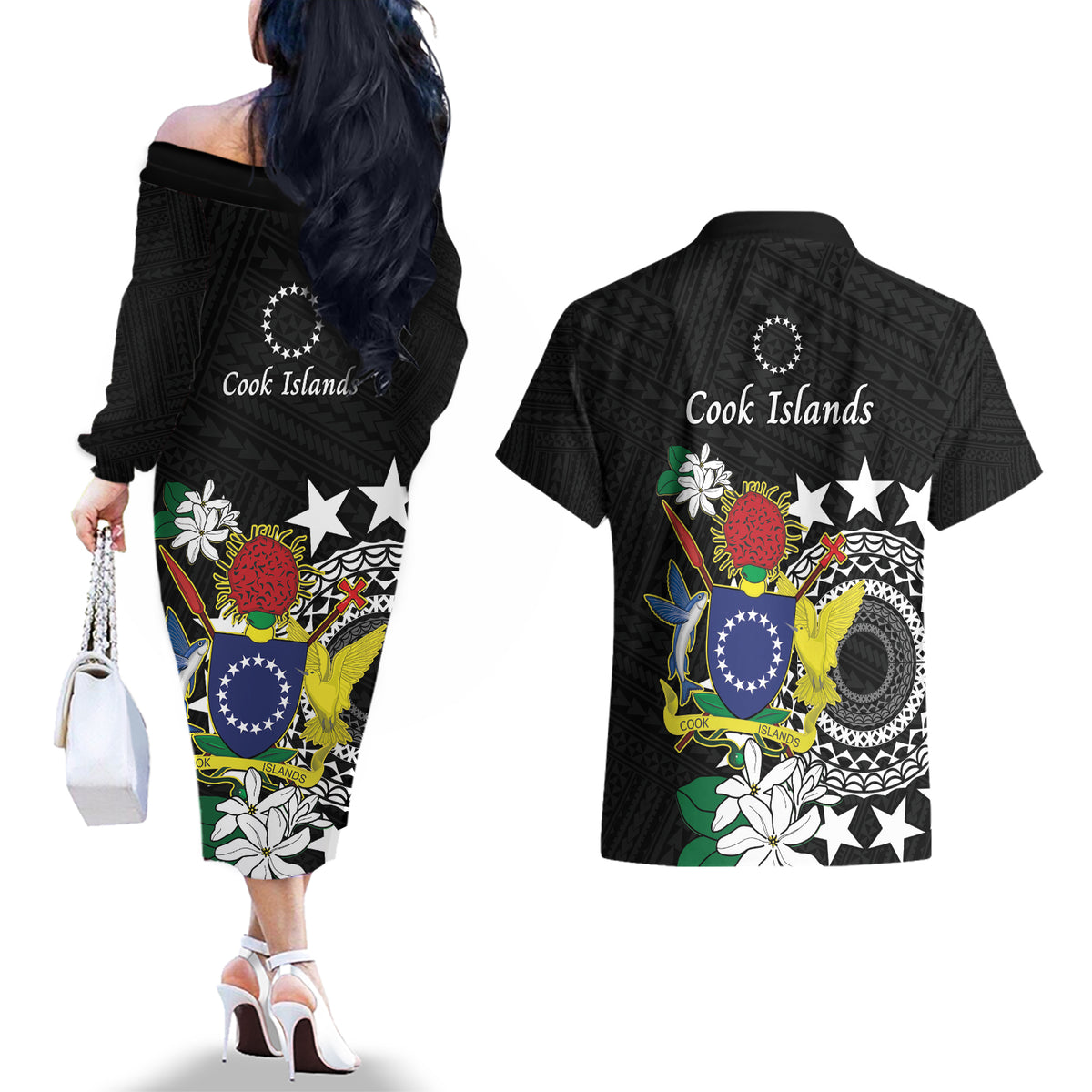 Cook Islands Independence Day Couples Matching Off The Shoulder Long Sleeve Dress and Hawaiian Shirt Kuki Airani Tiare Maori Polynesian Pattern - Black