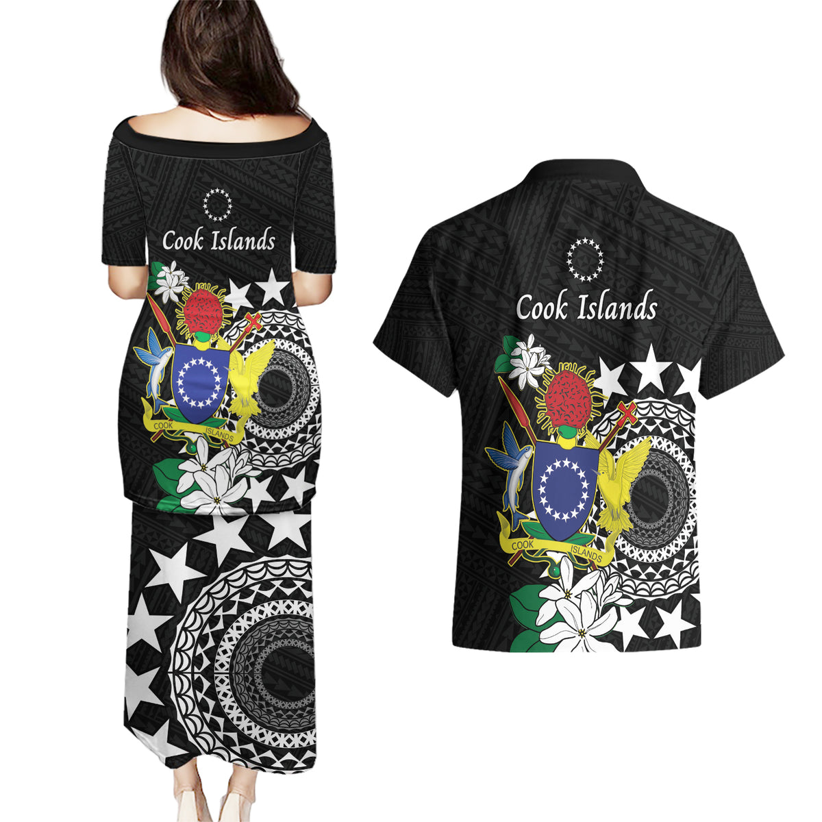 Cook Islands Independence Day Couples Matching Puletasi and Hawaiian Shirt Kuki Airani Tiare Maori Polynesian Pattern - Black