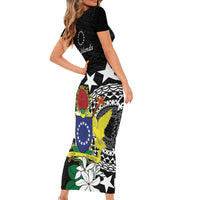 Cook Islands Independence Day Family Matching Short Sleeve Bodycon Dress and Hawaiian Shirt Kuki Airani Tiare Maori Polynesian Pattern - Black