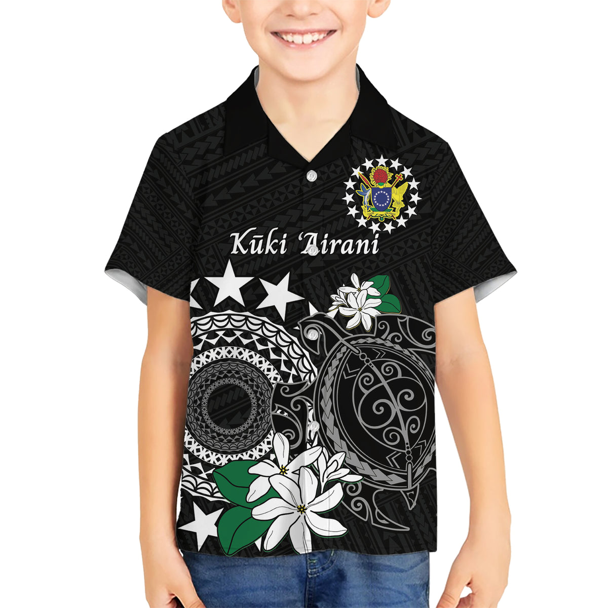 Cook Islands Independence Day Kid Hawaiian Shirt Kuki Airani Tiare Maori Polynesian Pattern - Black LT14 Kid Black - Polynesian Pride