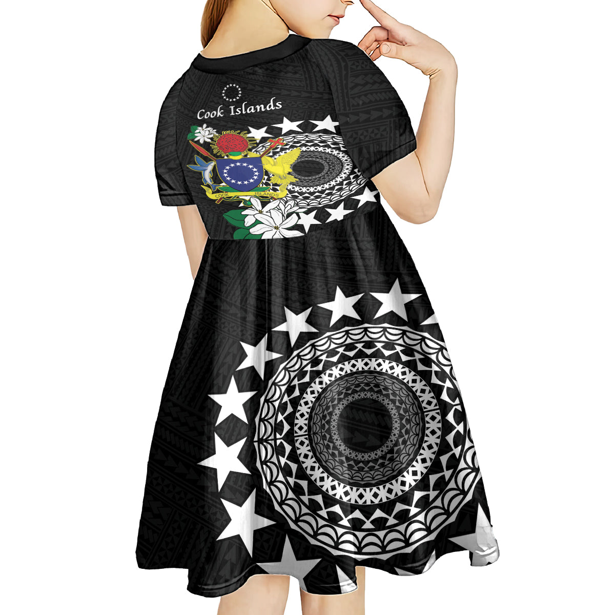 Cook Islands Independence Day Kid Short Sleeve Dress Kuki Airani Tiare Maori Polynesian Pattern - Black LT14 - Polynesian Pride