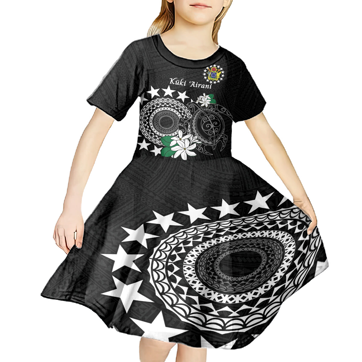 Cook Islands Independence Day Kid Short Sleeve Dress Kuki Airani Tiare Maori Polynesian Pattern - Black LT14 - Polynesian Pride