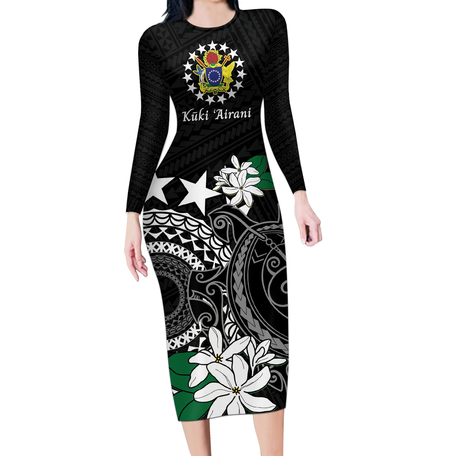 Cook Islands Independence Day Long Sleeve Bodycon Dress Kuki Airani Tiare Maori Polynesian Pattern - Black