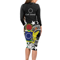Cook Islands Independence Day Long Sleeve Bodycon Dress Kuki Airani Tiare Maori Polynesian Pattern - Black