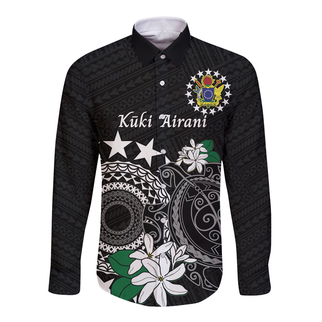 Cook Islands Independence Day Long Sleeve Button Shirt Kuki Airani Tiare Maori Polynesian Pattern - Black LT14 Unisex Black - Polynesian Pride