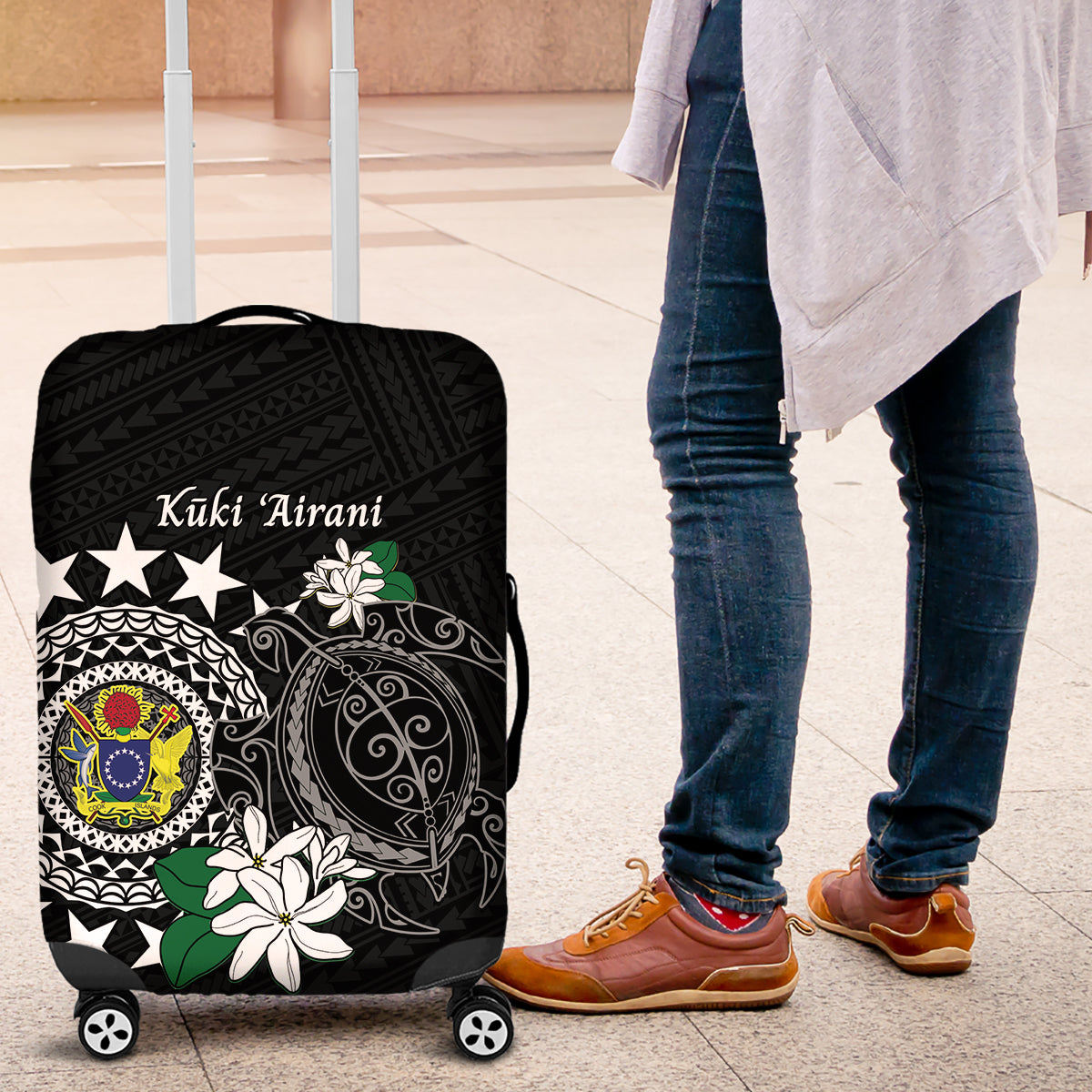 Cook Islands Independence Day Luggage Cover Kuki Airani Tiare Maori Polynesian Pattern - Black LT14 Black - Polynesian Pride