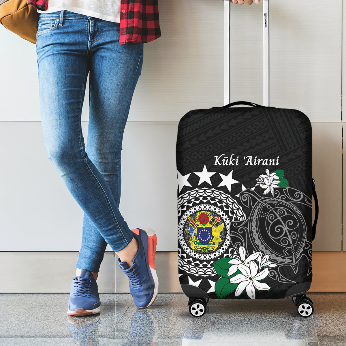 Cook Islands Independence Day Luggage Cover Kuki Airani Tiare Maori Polynesian Pattern - Black LT14 - Polynesian Pride
