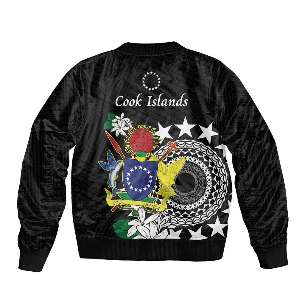 Cook Islands Independence Day Sleeve Zip Bomber Jacket Kuki Airani Tiare Maori Polynesian Pattern - Black