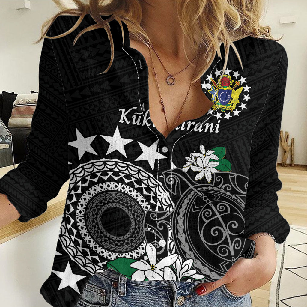 Cook Islands Independence Day Women Casual Shirt Kuki Airani Tiare Maori Polynesian Pattern - Black