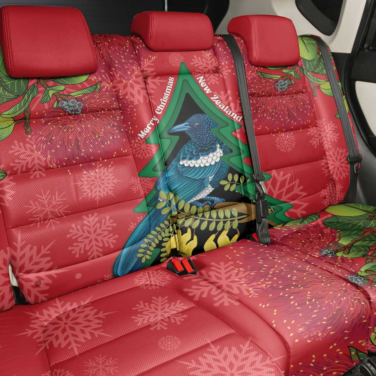 New Zealand Christmas In July Back Car Seat Cover Kowhai Tui Bird With Pohutukawa - Red