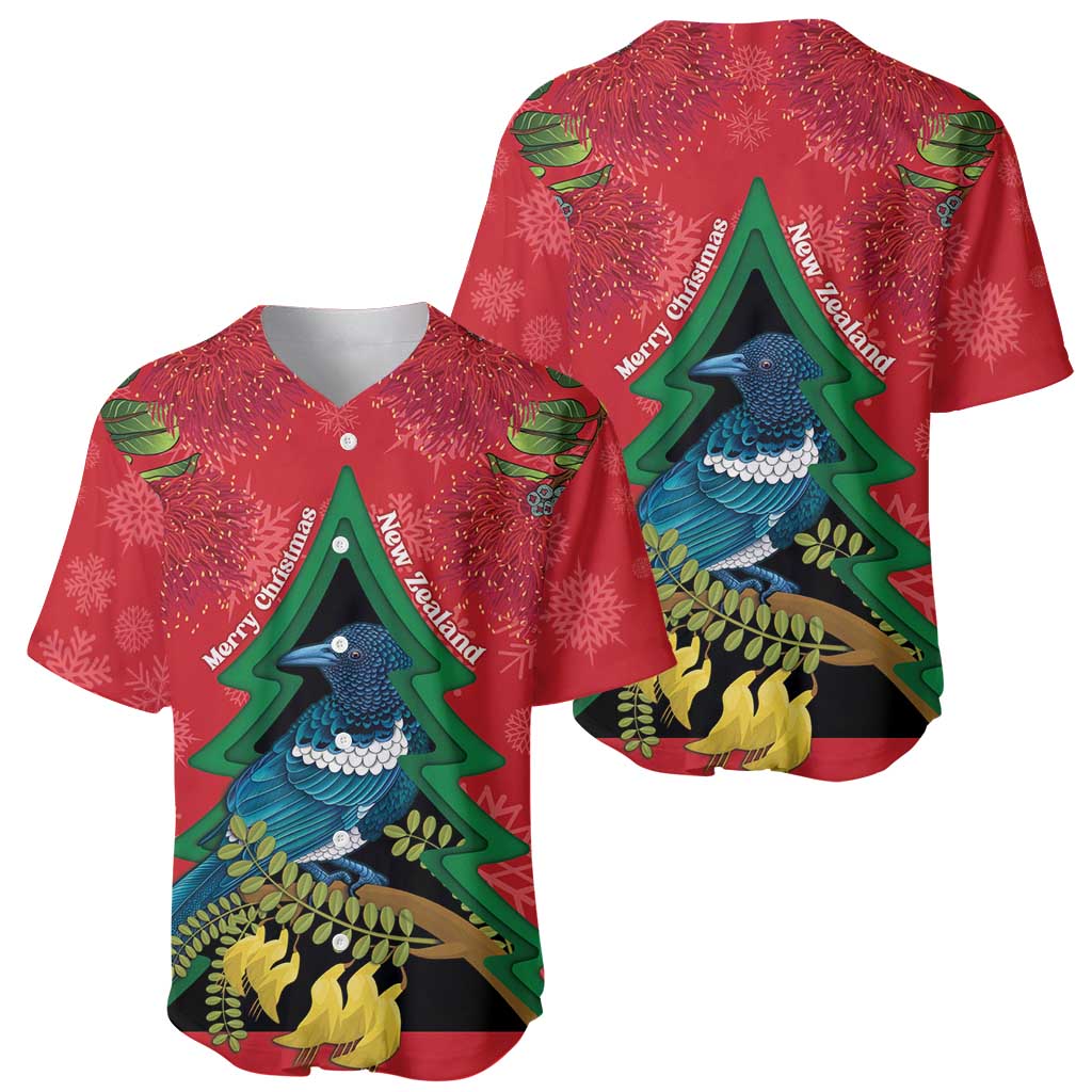 New Zealand Christmas In July Baseball Jersey Kowhai Tui Bird With Pohutukawa - Red