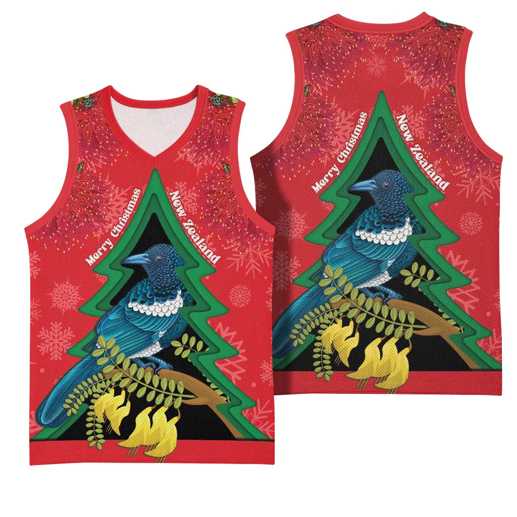 New Zealand Christmas In July Basketball Jersey Kowhai Tui Bird With Pohutukawa - Red - Polynesian Pride