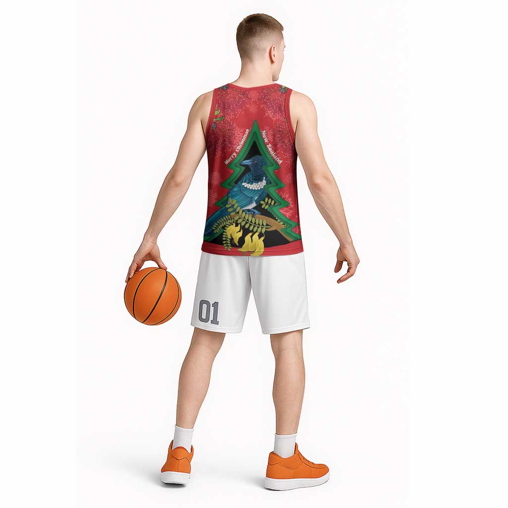 New Zealand Christmas In July Basketball Jersey Kowhai Tui Bird With Pohutukawa - Red - Polynesian Pride