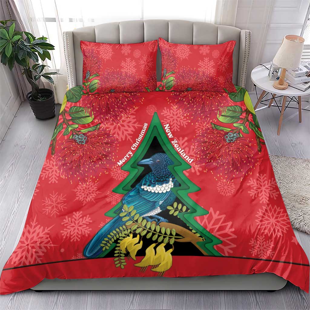 New Zealand Christmas In July Bedding Set Kowhai Tui Bird With Pohutukawa - Red