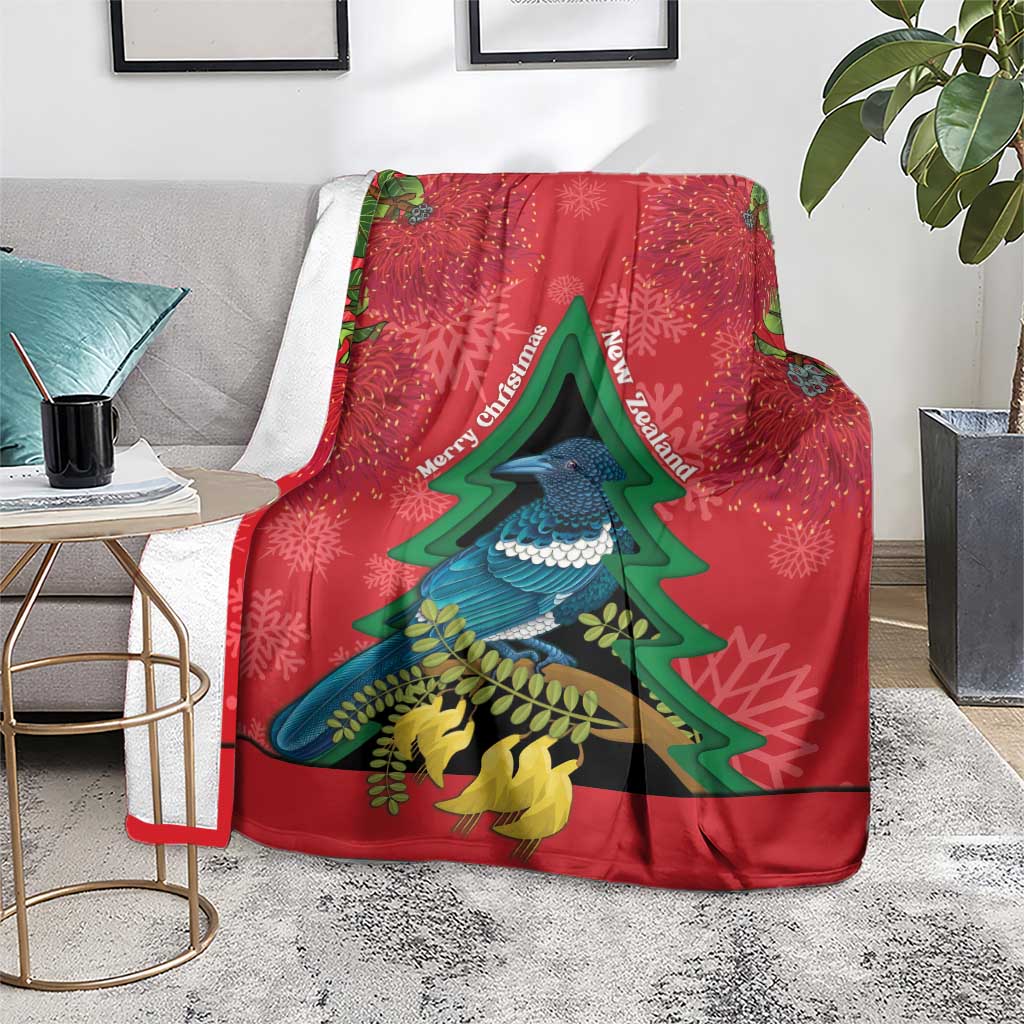 New Zealand Christmas In July Blanket Kowhai Tui Bird With Pohutukawa - Red