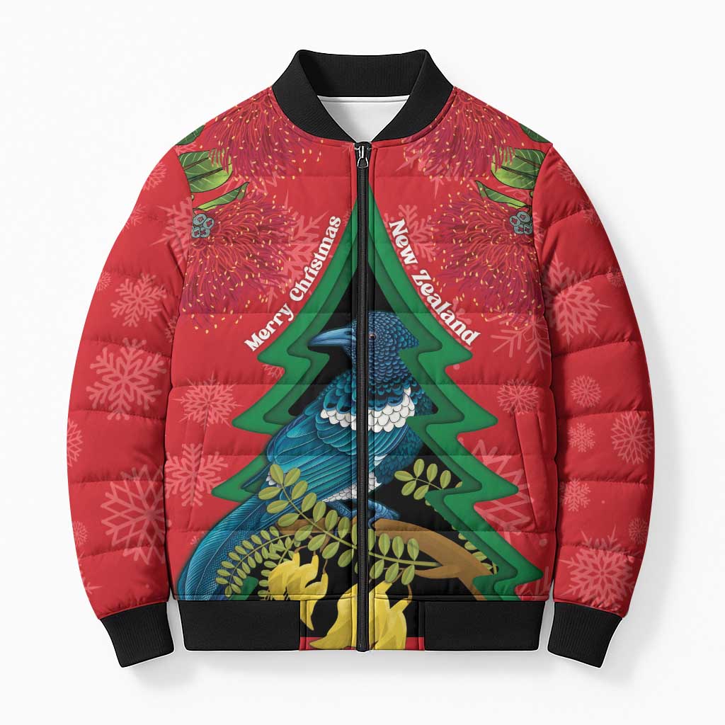 New Zealand Christmas In July Bomber Puffer Jacket Kowhai Tui Bird With Pohutukawa - Red - Polynesian Pride
