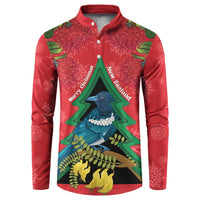 New Zealand Christmas In July Button Sweatshirt Kowhai Tui Bird With Pohutukawa - Red