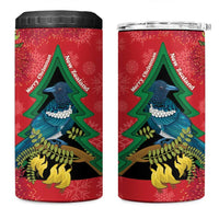 New Zealand Christmas In July 4 in 1 Can Cooler Tumbler Kowhai Tui Bird With Pohutukawa - Red