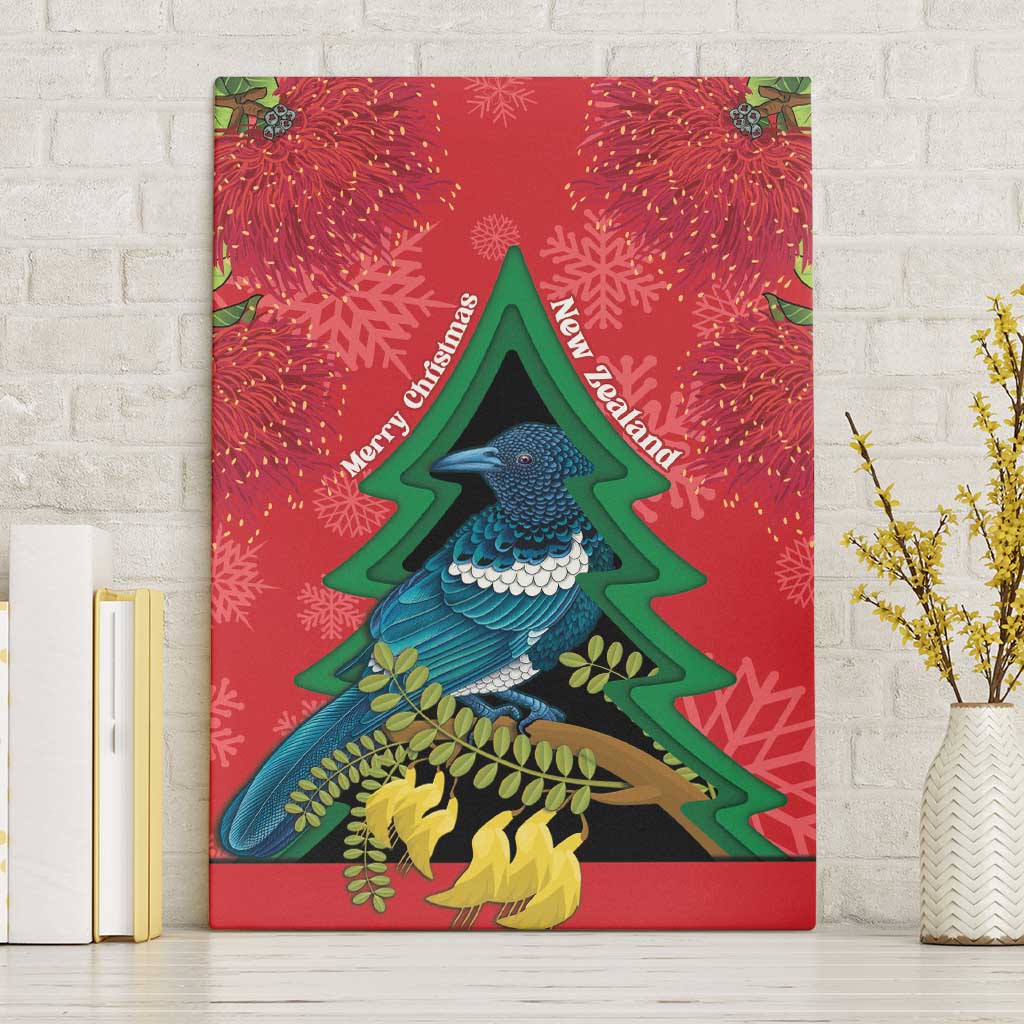 New Zealand Christmas In July Canvas Wall Art Kowhai Tui Bird With Pohutukawa - Red