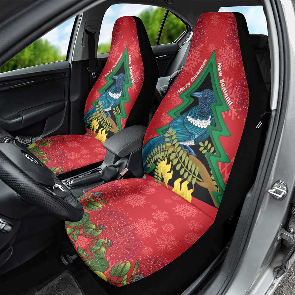 New Zealand Christmas In July Car Seat Cover Kowhai Tui Bird With Pohutukawa - Red