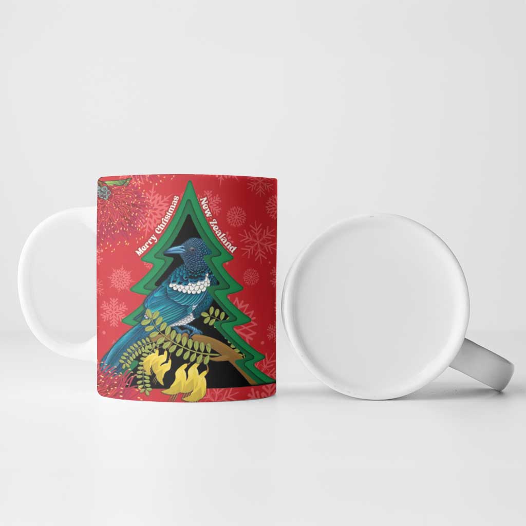 New Zealand Christmas In July Ceramic Mug Kowhai Tui Bird With Pohutukawa - Red - Polynesian Pride