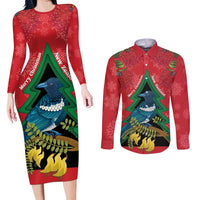 New Zealand Christmas In July Couples Matching Long Sleeve Bodycon Dress and Long Sleeve Button Shirt Kowhai Tui Bird With Pohutukawa - Red