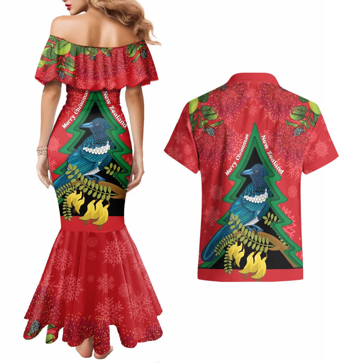 New Zealand Christmas In July Couples Matching Mermaid Dress and Hawaiian Shirt Kowhai Tui Bird With Pohutukawa - Red