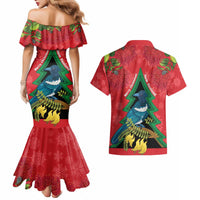 New Zealand Christmas In July Couples Matching Mermaid Dress and Hawaiian Shirt Kowhai Tui Bird With Pohutukawa - Red
